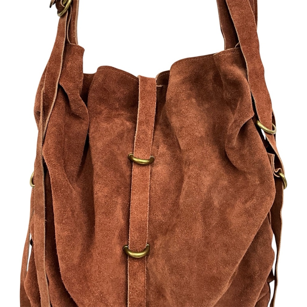Free People Leather Suede Hobo Bag Brown Slouchy Fringe Western Boho - Picture 3 of 15